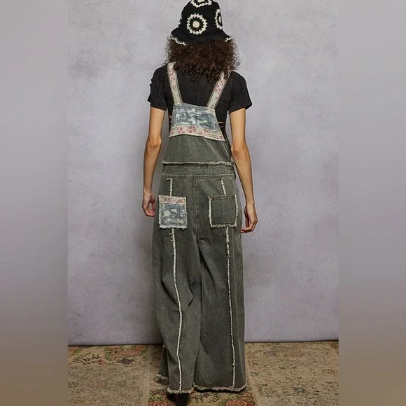 POL Patchwork Leopard Print Floral Camo Patch Boho Overalls - Picture 14 of 16